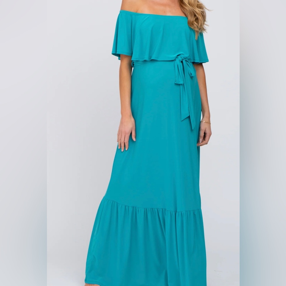 Teal off the shoulder maternity dress, medium - Picture 2 of 2